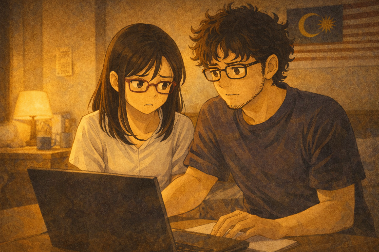 A small apartment, evening — Faris and Mia sit together, she looks worried, he looks determined. A laptop open. The beginning of a weight on his shoulders.